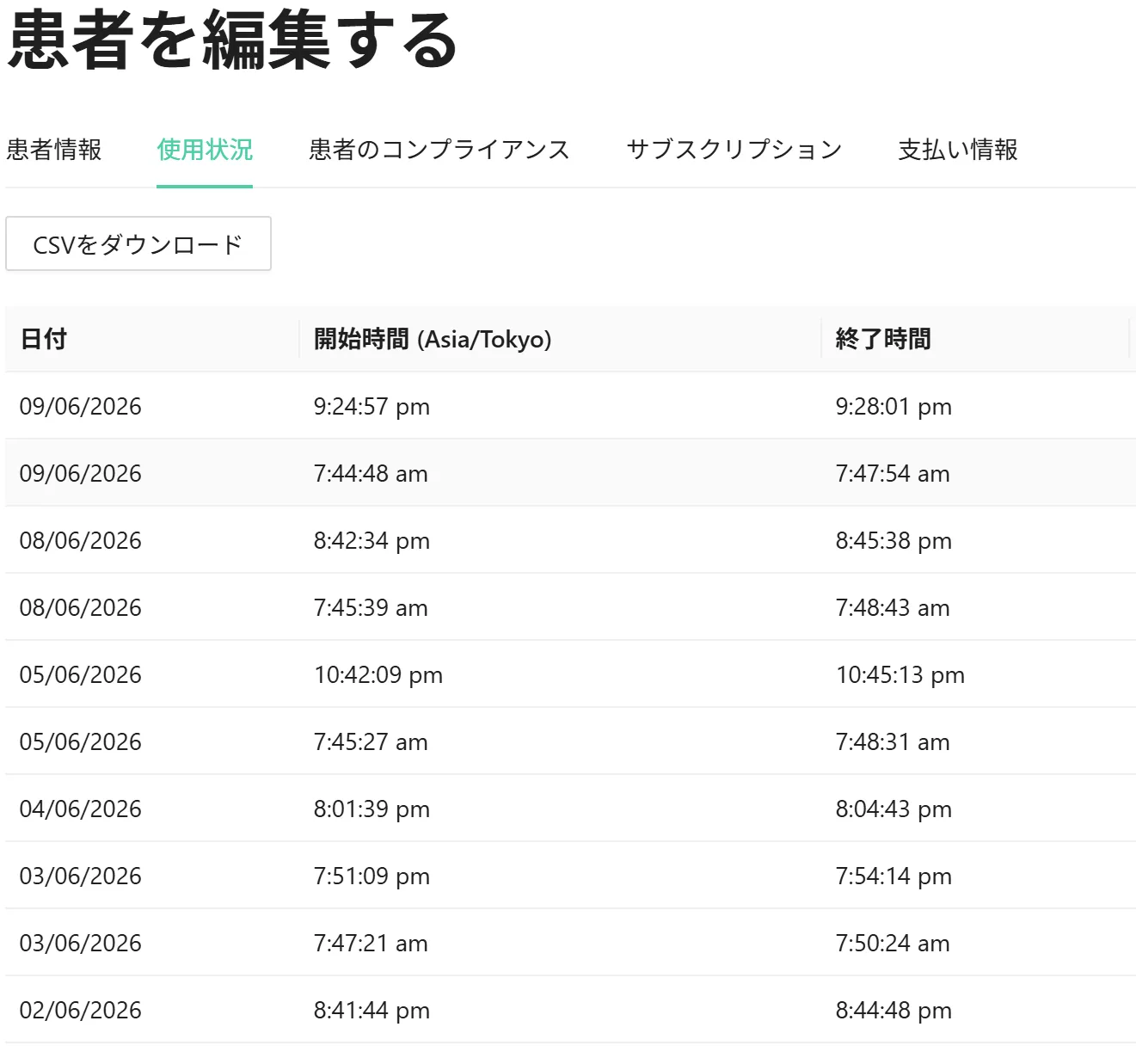 6月9日時点の実施状況（使用状況の一覧）